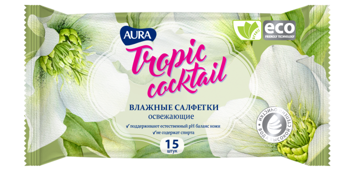 Салфетки влажные «Aura Tropic Cocktail» освежающие, МИКС, 15 шт 865930